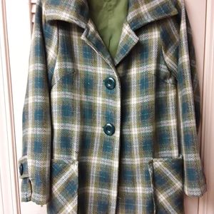 Green Plaid Fur Big Button Coat S